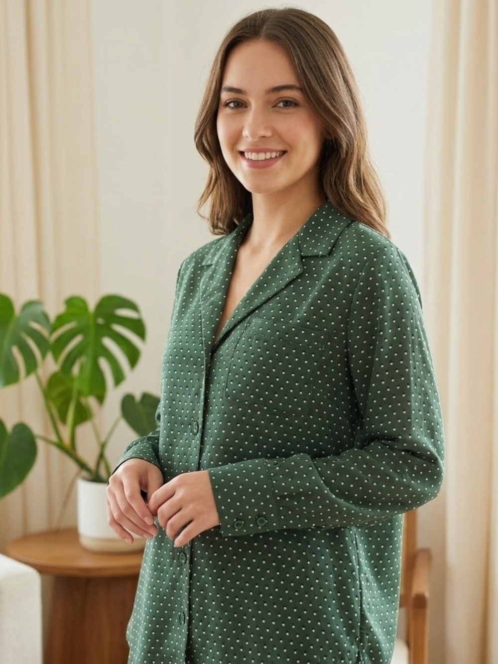 ​Who What Wear Green Polka Dot Pajama Style Button Down Blouse Top Large L